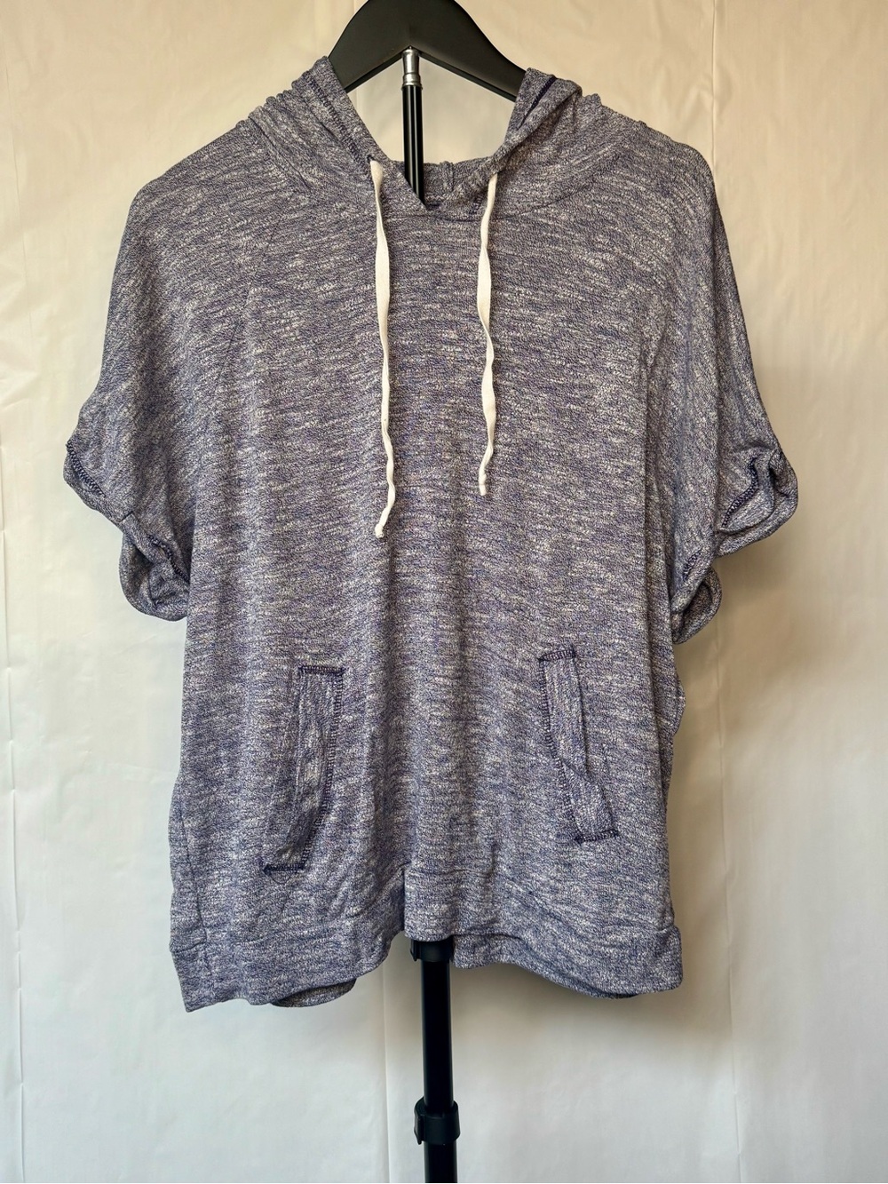 Lightweight Heathered Blue Hooded Short Sleeve Sweatshirt